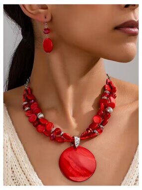 NWT Red Boho Beaded Multi Strand Statement Necklace Earring Set